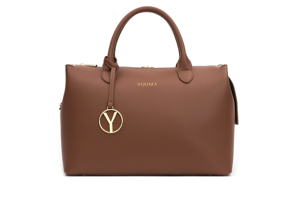 YUUMA Zuri Tote Bag - Baby Bags For Parents - Crossbody Diaper Bag Converts to Backpack - Vegan Leather - 7 Pockets - Ample Storage - Easy Clean - Modern Design - Stay Organized (Cinnamon)