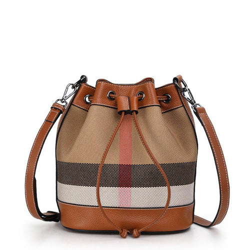 Genuine Leather Bucket Bag Plaid Bag Yankee Womens Bag Cowhide Shoulder Crossbody Bag Commuter Female Large Capacity Bag Casual Tote Bag